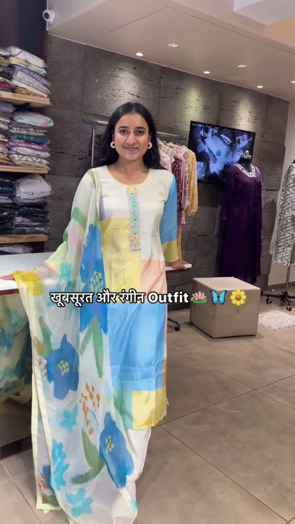 Multicolor Pastel Cotton Straight Kurta with Embroidered Neckline and Floral Printed Chiffon Dupatta – Perfect for Summer Festive and Casual Wear