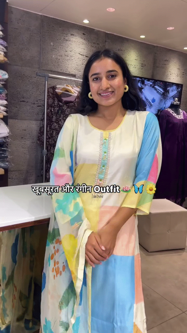 Multicolor Pastel Cotton Straight Kurta with Embroidered Neckline and Floral Printed Chiffon Dupatta – Perfect for Summer Festive and Casual Wear - Image 2