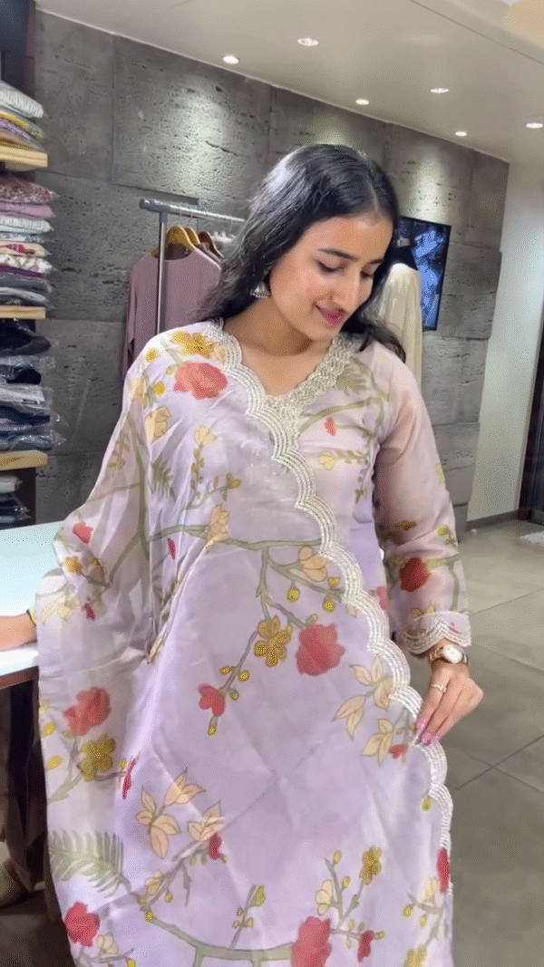 Floral Printed Organza Suit Set with Intricate Lace Detailing, Scalloped Edges, and Embroidered Neckline – Available in Soft Lavender and Pastel Green Shades for Festive, Semi-Formal, and Daytime Celebrations