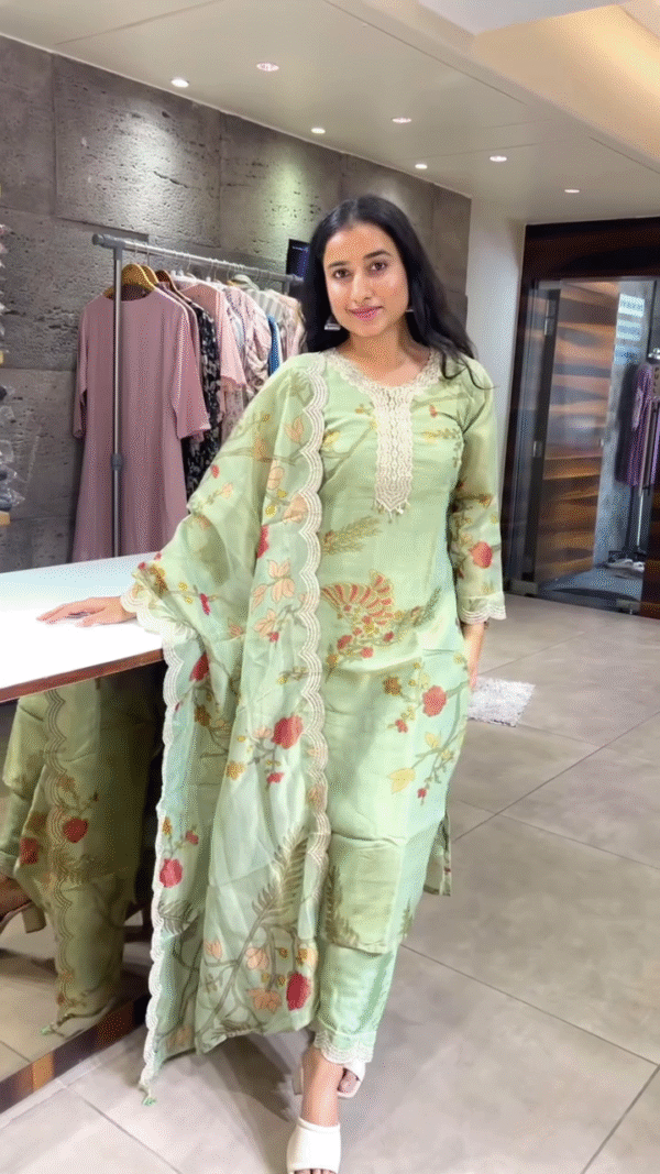 Floral Printed Organza Suit Set with Intricate Lace Detailing, Scalloped Edges, and Embroidered Neckline – Available in Soft Lavender and Pastel Green Shades for Festive, Semi-Formal, and Daytime Celebrations - Image 2