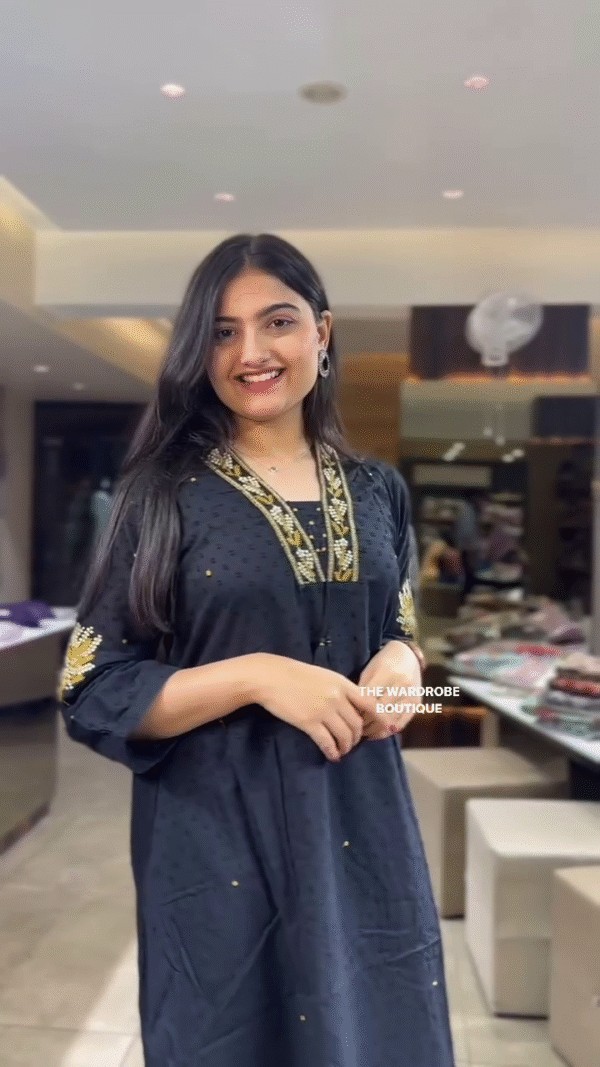 Classic Black Embroidered Kurta Set with Intricate Golden Threadwork on Neckline and Sleeves, Paired with Matching Pants – A Timeless Choice for Evening Gatherings, Festive Celebrations, and Elegant Occasions - Image 2