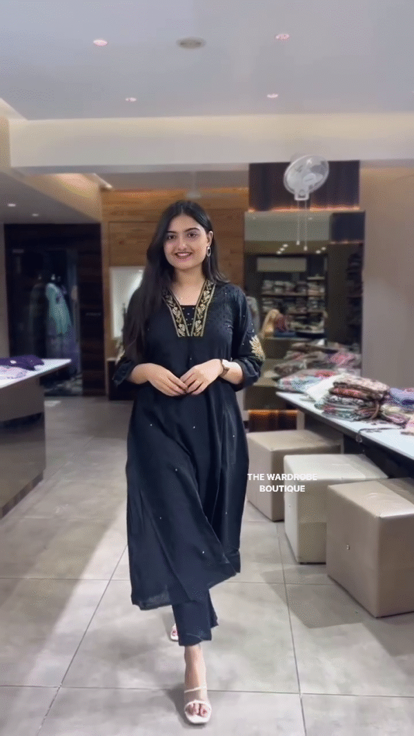 Classic Black Embroidered Kurta Set with Intricate Golden Threadwork on Neckline and Sleeves, Paired with Matching Pants – A Timeless Choice for Evening Gatherings, Festive Celebrations, and Elegant Occasions