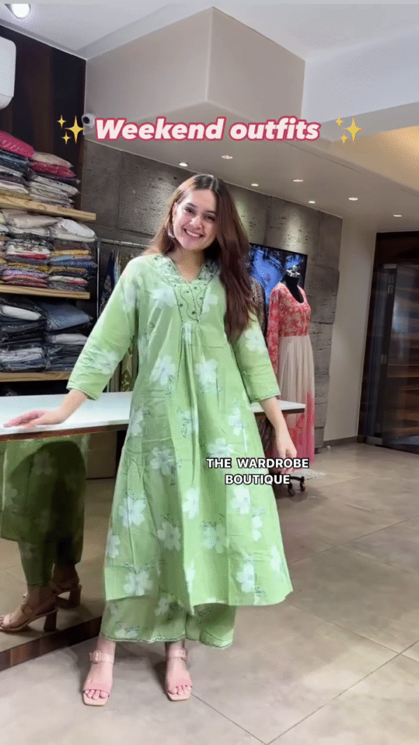 Trendy and Breezy Cotton Kurta Sets for Weekend Wear – Featuring Light Green Floral Print and Bold Black-White Ikat Pattern with Comfortable Silhouettes and Matching Pants, Perfect for Casual Outings and Everyday Style