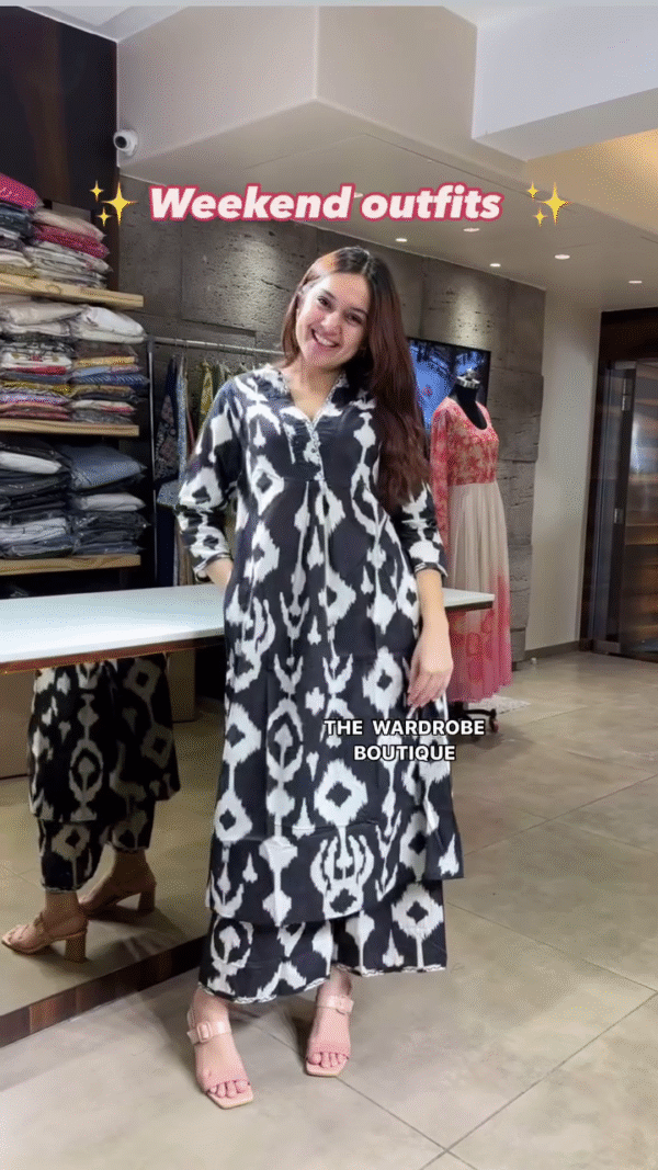 Trendy and Breezy Cotton Kurta Sets for Weekend Wear – Featuring Light Green Floral Print and Bold Black-White Ikat Pattern with Comfortable Silhouettes and Matching Pants, Perfect for Casual Outings and Everyday Style - Image 3