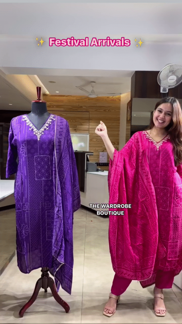 Special Bandhani Print Kurta Sets in Rich Magenta and Royal Purple Shades with Intricate Mirror Work Neckline and Coordinated Dupattas – Perfect for Traditional Celebrations, Festive Gatherings, and Ethnic Styling - Image 3