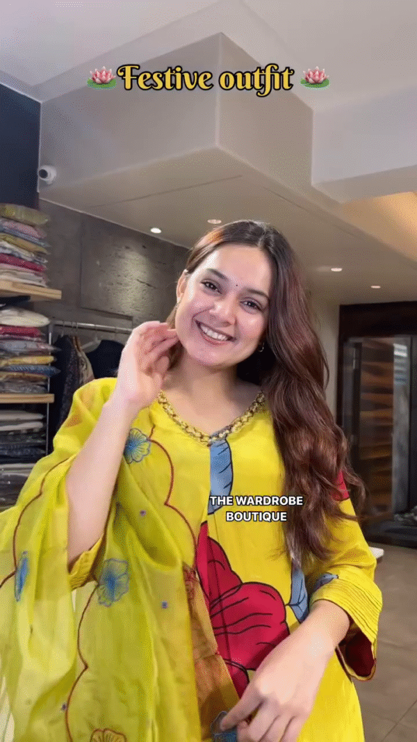 Festive Wear Kurta Sets in Royal Purple and Sunshine Yellow with Artistic Floral Prints, Embellished Necklines, and Coordinated Dupattas – Perfect for Traditional Celebrations, Festive Gatherings, and Ethnic Charm - Image 2