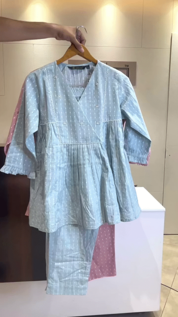 Charming V-Neck Embroidered Cotton Tunic Set in Blue and Pink with Matching Bottoms for a Casual Chic Look