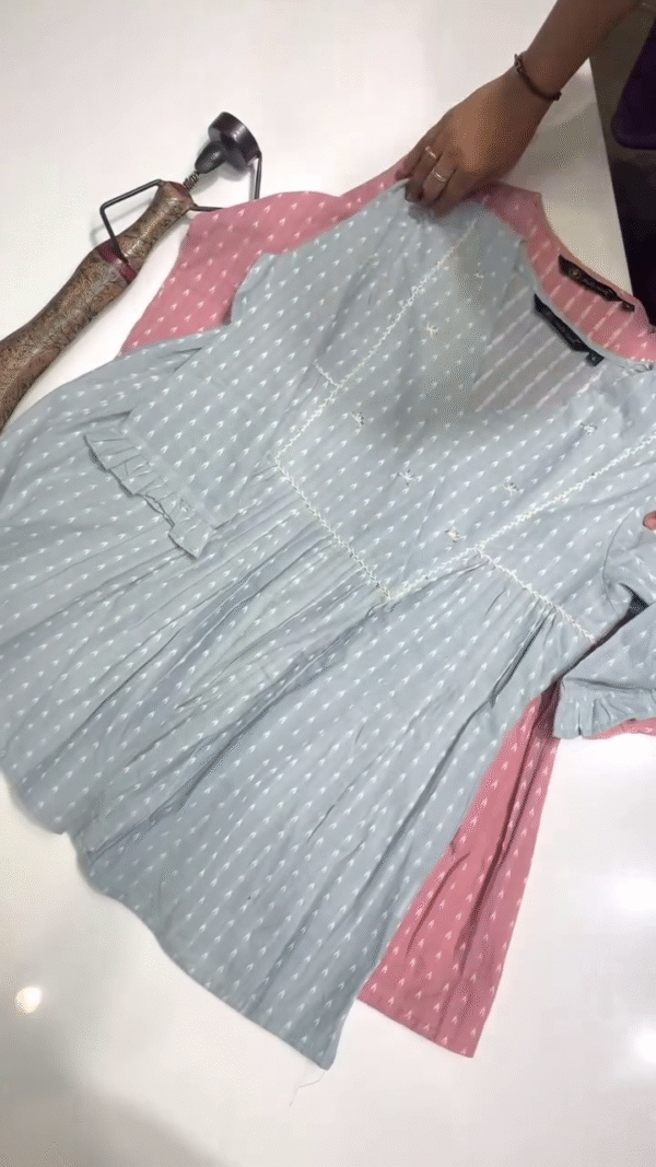 Charming V-Neck Embroidered Cotton Tunic Set in Blue and Pink with Matching Bottoms for a Casual Chic Look - Image 3