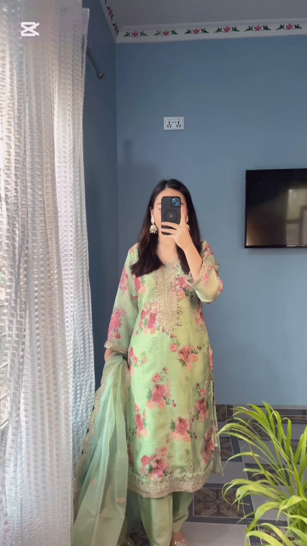 Mint Green Floral Embroidered Kurta Set with Net Dupatta – Fresh, Feminine & Festive