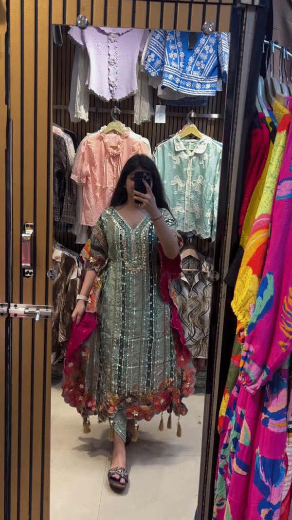 Elegant Sage Green Mirror-Embellished Suit Set with Intricate Thread Embroidery, Floral Organza Hemline, and Vibrant Pink Dupatta - Image 2