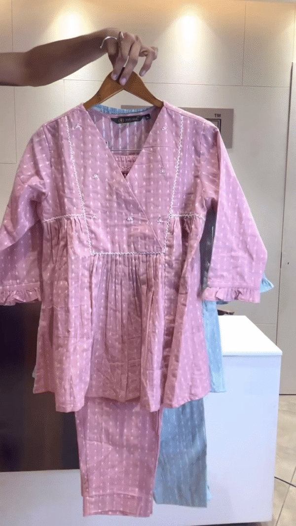 Charming V-Neck Embroidered Cotton Tunic Set in Blue and Pink with Matching Bottoms for a Casual Chic Look - Image 2