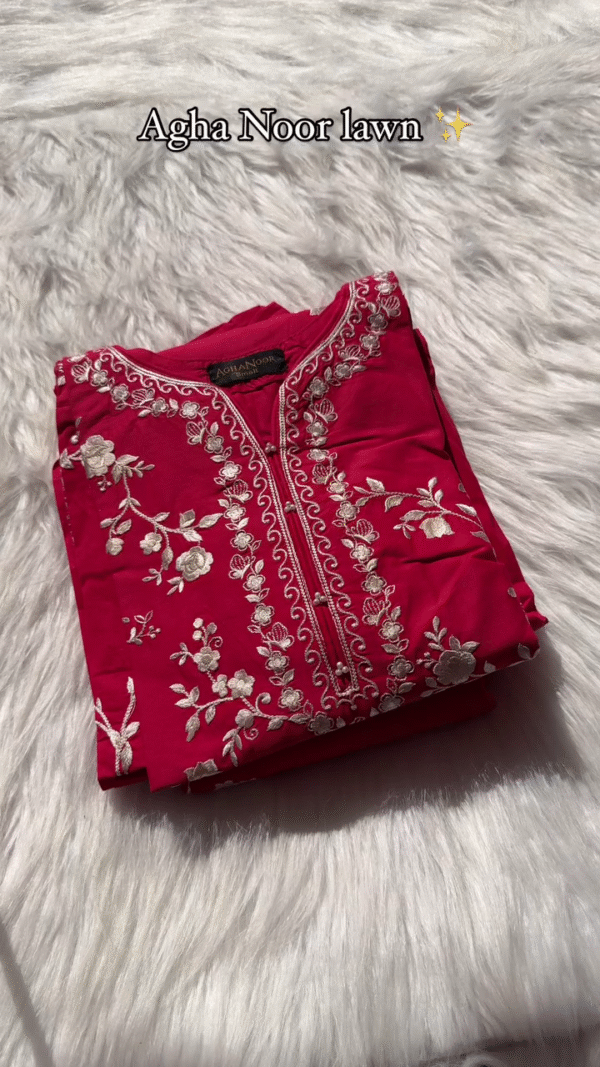 Agha Noor Embroidered Lawn Kurti – Hot Pink | Soft Summer Lawn | Delicate White Floral Thread Work