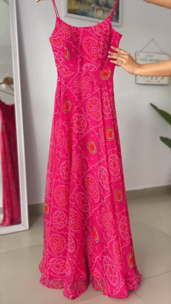 Vibrant Pink Bandhani Print Flared Anarkali Gown with Matching Dupatta – Sleeveless Festive Ethnic Wear Ideal for Navratri, Weddings, and Traditional Celebrations - Image 2