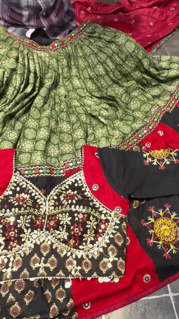 Traditional Multi-Colored Embroidered Lehenga Choli Set – Green Printed Skirt with Mirror Work Border, Black-Red Detailed Blouse & Maroon Dupatta