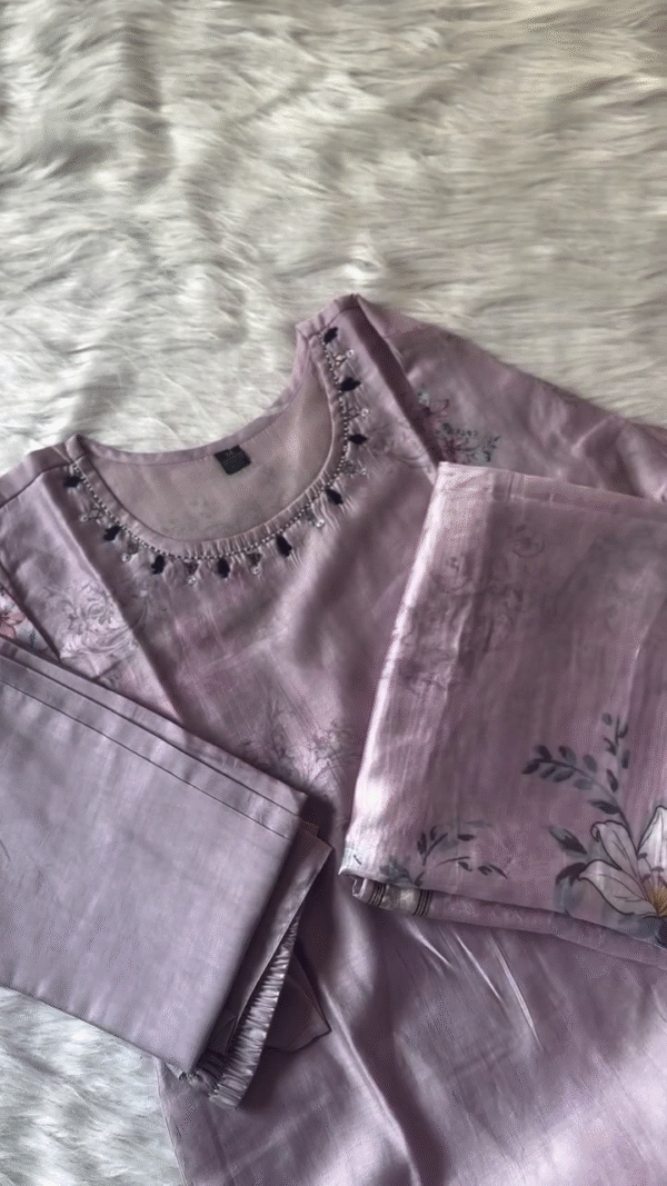 Elegant Mauve Floral-Printed Silk Suit Set – Soft Luster Finish with Delicate Bead Tassel Neckline – Includes Matching Bottom & Dupatta – Ideal for Formal & Festive Wear - Image 2