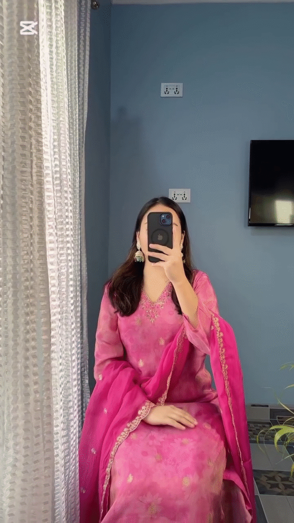 Fuchsia Pink Floral Kurta Set with Gota Detailing – Vibrant Grace