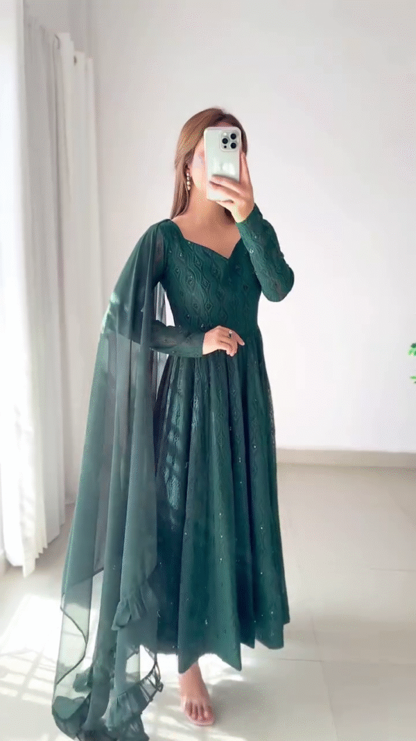 Graceful Bottle Green Anarkali Suit Set with Intricate Self-Embroidery, Subtle Sequin Accents, and a Flowy Matching Dupatta