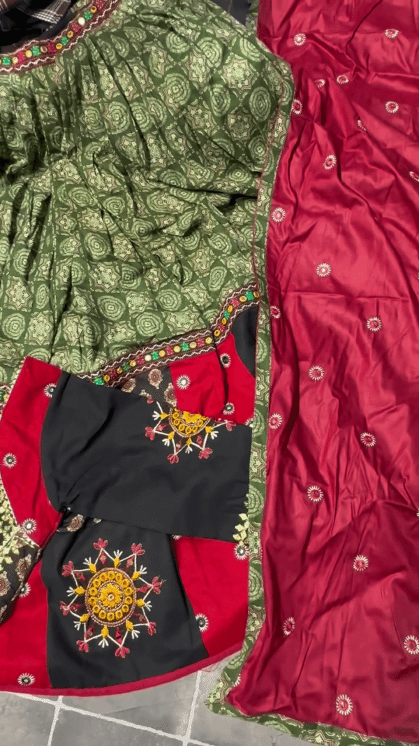 Traditional Multi-Colored Embroidered Lehenga Choli Set – Green Printed Skirt with Mirror Work Border, Black-Red Detailed Blouse & Maroon Dupatta - Image 2