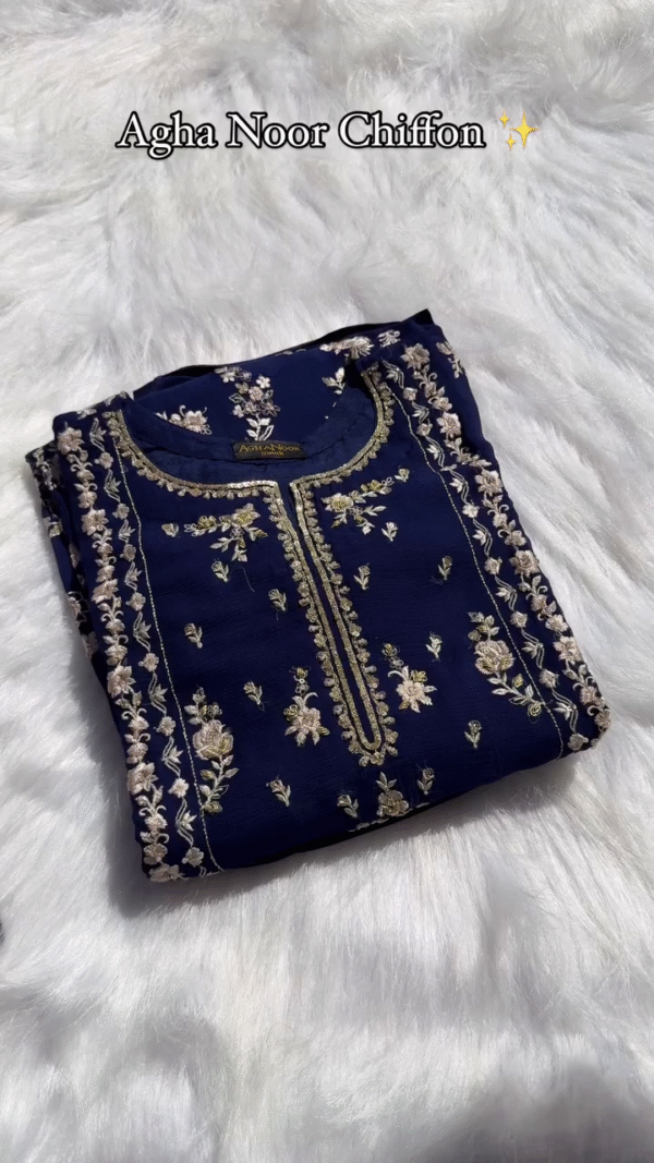Agha Noor Chiffon Kurti – Midnight Blue | Formal Wear | Delicate Thread Embroidery in Soft Beige Tones