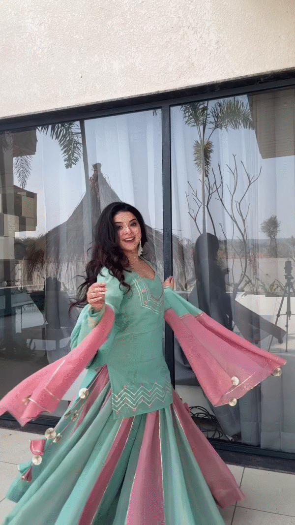Pastel Mint and Blush Pink Embroidered Sharara Suit Set with Dupatta – Elegant Traditional Wear for Festive and Wedding Occasions