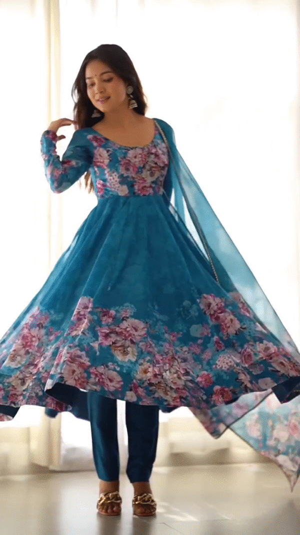 Elegant Teal Blue Floral Printed Anarkali Suit Set with Dupatta – Full Sleeve Ethnic Wear for Festive Occasions, Weddings & Daytime Celebrations