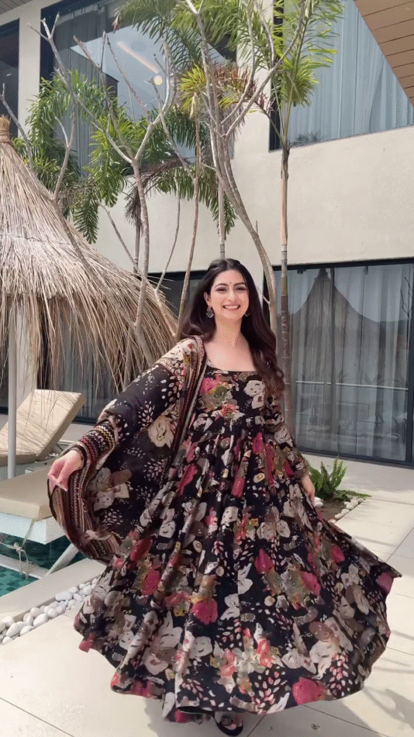 Elegant Black Anarkali Dress with Vibrant Multicolor Floral Print and Flowy Matching Dupatta – A Perfect Fusion of Traditional Charm - Image 2