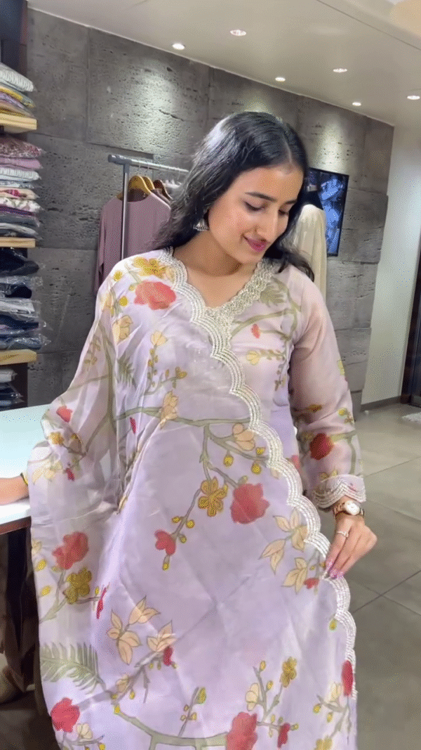 Elegant Floral Embroidered Chiffon Kurtis in Soft Lavender and Green with Lace Detailing