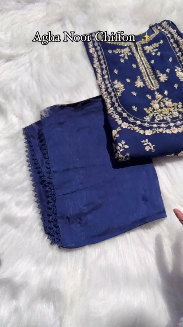 Agha Noor Chiffon Kurti – Midnight Blue | Formal Wear | Delicate Thread Embroidery in Soft Beige Tones - Image 2