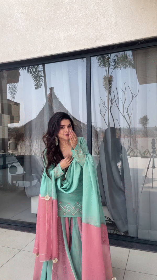 Pastel Mint and Blush Pink Embroidered Sharara Suit Set with Dupatta – Elegant Traditional Wear for Festive and Wedding Occasions - Image 2