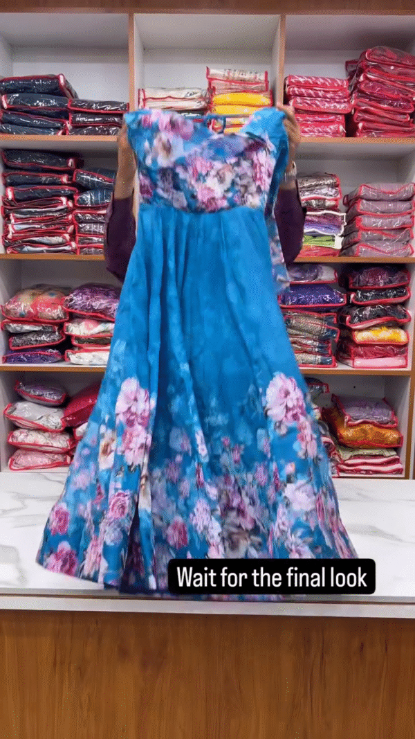 Elegant Teal Blue Floral Printed Anarkali Suit Set with Dupatta – Full Sleeve Ethnic Wear for Festive Occasions, Weddings & Daytime Celebrations - Image 2