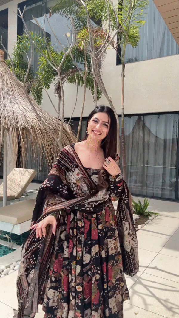 Elegant Black Anarkali Dress with Vibrant Multicolor Floral Print and Flowy Matching Dupatta – A Perfect Fusion of Traditional Charm
