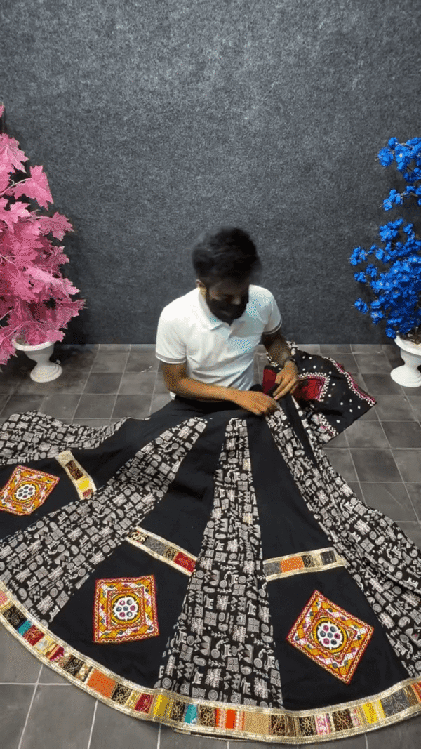 Black Traditional Mirror Work and Warli Print Lehenga Choli Set – Intricate Embroidery with Colorful Patchwork and Ethnic Motifs for Navratri & Festive Wear - Image 2