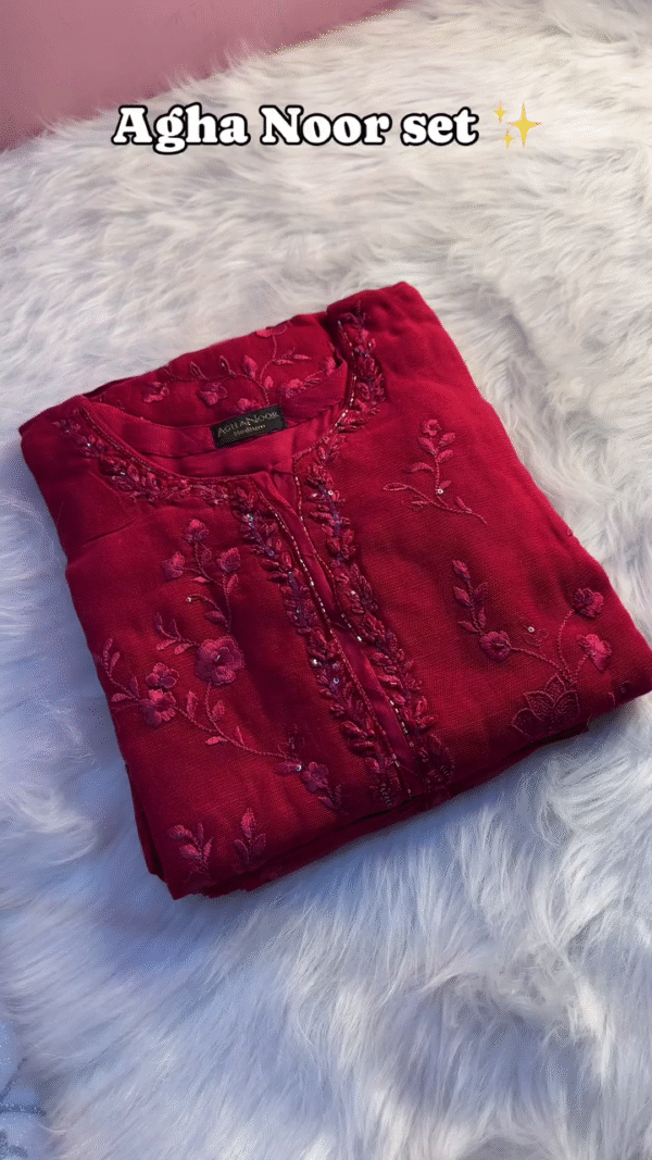 Agha Noor Formal Set – Deep Crimson | Embroidered with Sequins & Thread Detailing | Medium Size