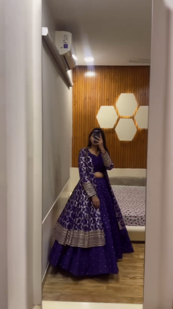 Royal Blue Embroidered Lehenga Set with Mirror Work Jacket and Matching Blouse – Festive and Wedding Wear for a Regal Look - Image 2