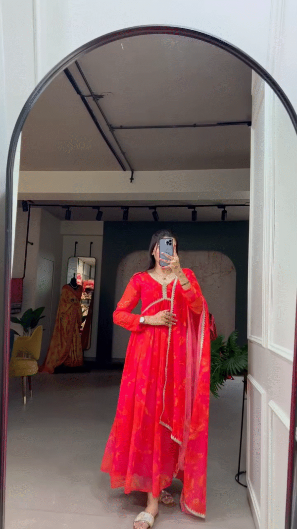 Elegant Festive Anarkali Suit Set Collection for Women – Vibrant Floral Printed Flared Kurtas with Embroidered Dupattas in Pink, Orange, Green, and Grey Tones – Perfect for Weddings, Celebrations & Traditional Occasions