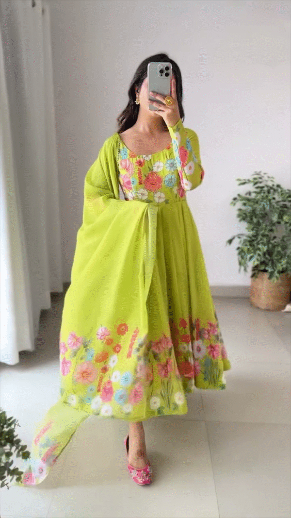 Lime Green Floral Anarkali Set with Vibrant Printed Hem – Flowy Dupatta & Multicolor Bodice – Breezy Summer Ethnic Vibes