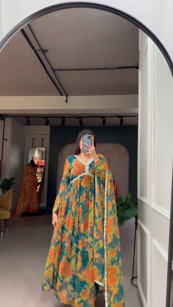 Elegant Festive Anarkali Suit Set Collection for Women – Vibrant Floral Printed Flared Kurtas with Embroidered Dupattas in Pink, Orange, Green, and Grey Tones – Perfect for Weddings, Celebrations & Traditional Occasions - Image 2
