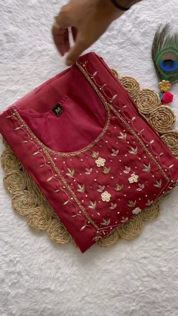 Elegant Maroon Straight-Cut Kurta Set with Embroidered Neckline & Floral Organza Dupatta – Festive & Formal Wear