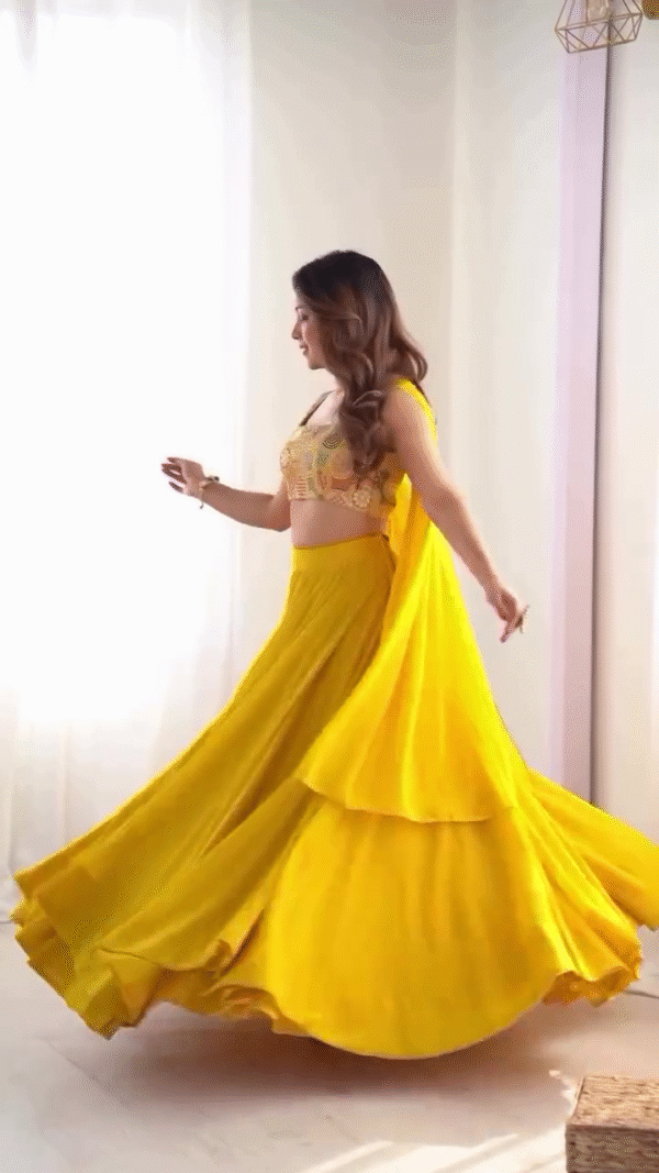 Vibrant Yellow Designer Lehenga Choli Set Featuring Intricately Embroidered Blouse, Flowy Layered Lehenga, and Elegant Dupatta – Ideal for Festive Celebrations, Haldi Ceremonies, and Traditional Occasions