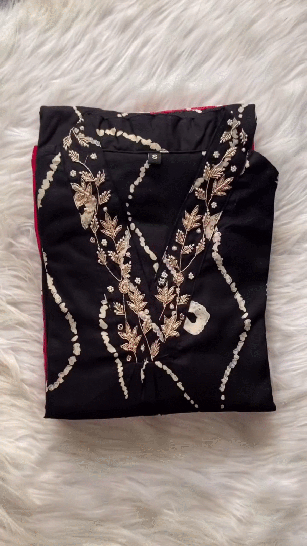 Elegant Soft Cotton Hand Tie-Dye Printed Straight Kurti with Heavy Front Neck Embroidery, Available in Black and Maroon Color Options – Stylish Ethnic Wear for Women, Ideal for Casual and Festive Occasions, Size S - Image 2