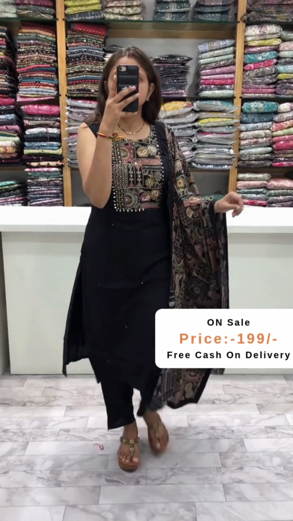 Elegant Black Ethnic Suit Set – Intricate Mirror & Thread Embroidered Kurti with Matching Printed Dupatta – Timeless Festive & Party Wear Look