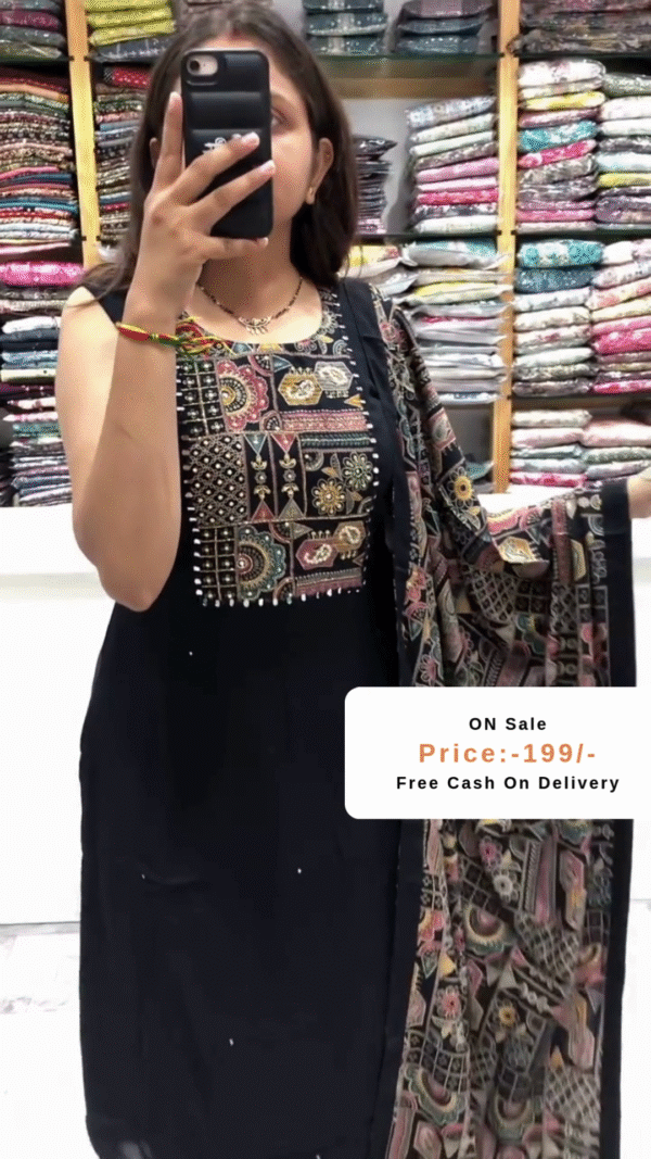 Elegant Black Ethnic Suit Set – Intricate Mirror & Thread Embroidered Kurti with Matching Printed Dupatta – Timeless Festive & Party Wear Look - Image 2