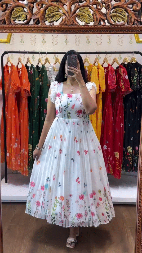 White Pleated Midi Dress with Colorful Floral Print, Square Neckline, and Ruffle Sleeves – Romantic Summer and Spring Outfit for Casual, Brunch, and Daytime Events