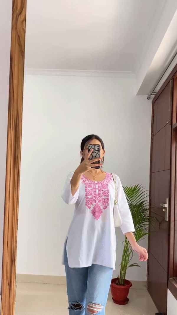 Women’s White Embroidered Kurti Tops — Featuring Black Floral Neckline Design with Matching White Wide-Leg Pants for a Graceful Ethnic Look, and Pink Geometric - Image 2