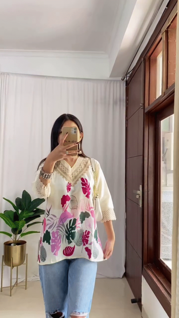 Printed Kurti Tops — Featuring Teal Floral V-Neck Design with Pink Embroidered Neckline for a Fresh Ethnic Twist, and Cream Kurti with Multicolor Leaf Prints and Lace Detailing - Image 2