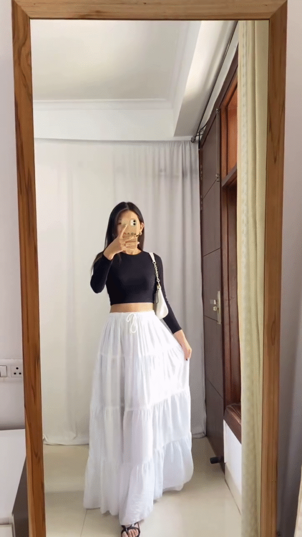 Boho-Chic Maxi Skirt Outfits — Featuring Cream Printed Tiered Skirt with Blue Floral Accents for a Playful Look, and Solid White Tiered Skirt with Drawstring Waist for an Elegant Minimal Style - Image 2
