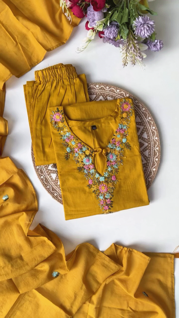 Mustard Yellow Embroidered Kurta Set with Floral Detailing and Soft Fabric – Perfect for Casual and Festive Occasions