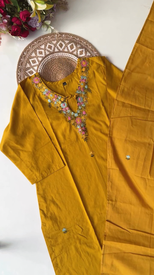 Mustard Yellow Embroidered Kurta Set with Floral Detailing and Soft Fabric – Perfect for Casual and Festive Occasions - Image 2