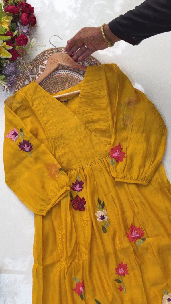 Bright Mustard Yellow Embroidered Kurta with Floral Detailing and Scalloped Sheer Dupatta – Perfect for Casual and Festive Occasions - Image 2
