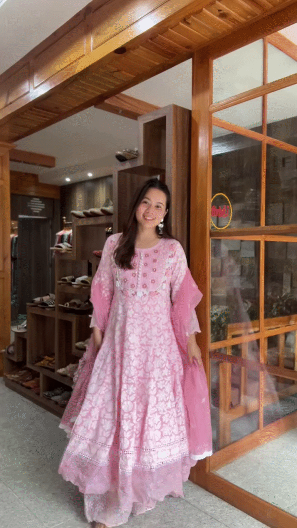 Pink Embroidered Anarkali Dress with Floral Detailing and Sheer Dupatta – Perfect for Weddings, Festive Occasions, and Special Events